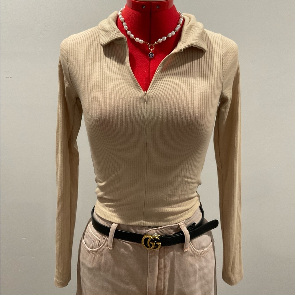 Elegant Beige Long Sleeve Ribbed Top
